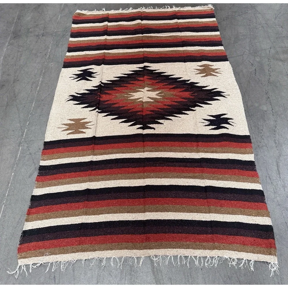 AUTHENTIC Mexican DIAMANTE Blanket Throw Yoga Mat Multi Beige Burnt Orange Black